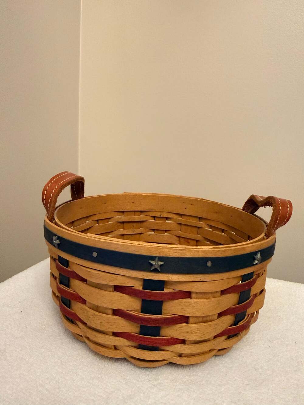 Vintage Longaberger Proudly American Button Basket from 2003.Two leather handles
